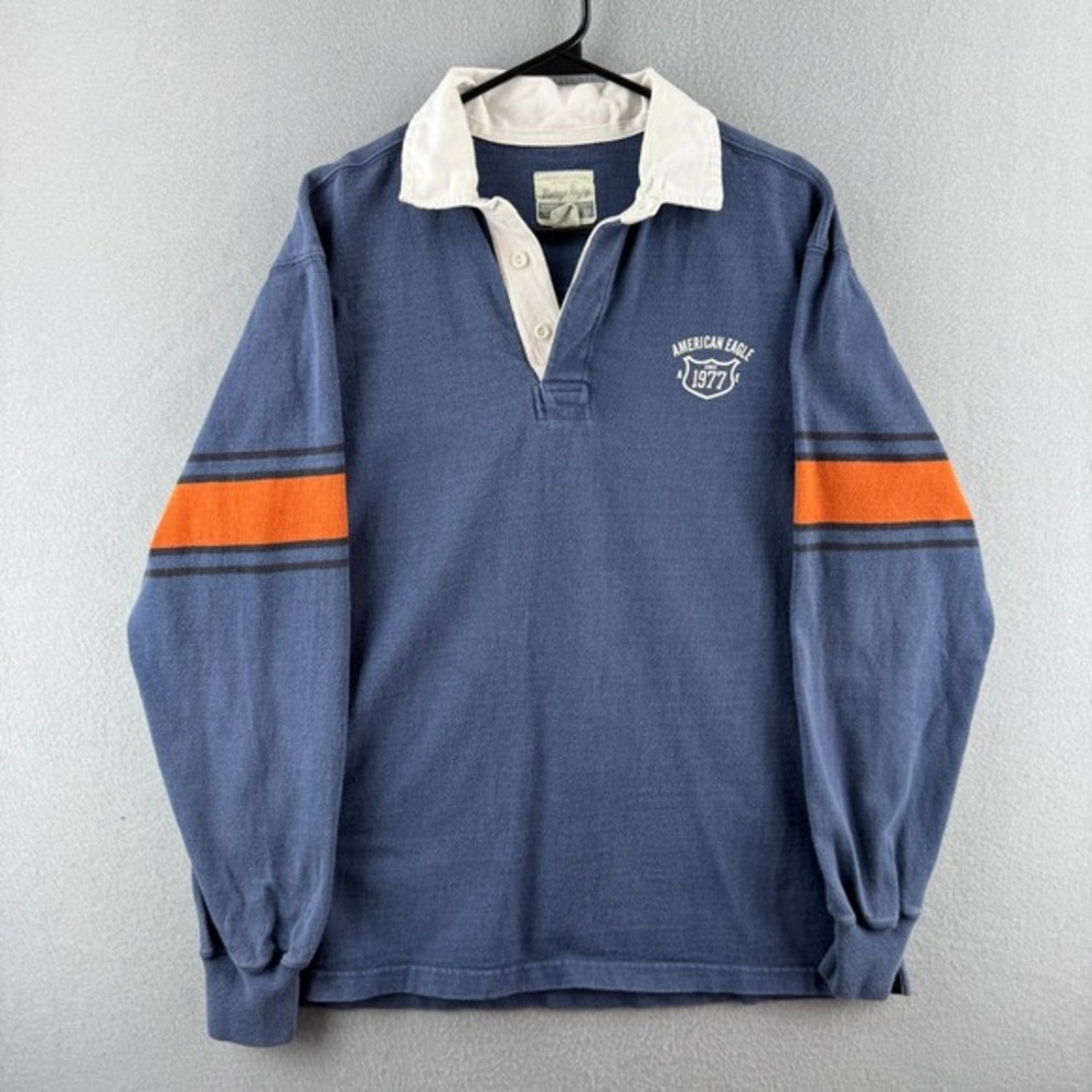 Vintage American Eagle Rugby Shirt Mens Medium Blue Cotton Preppy Y2K‎ Polo